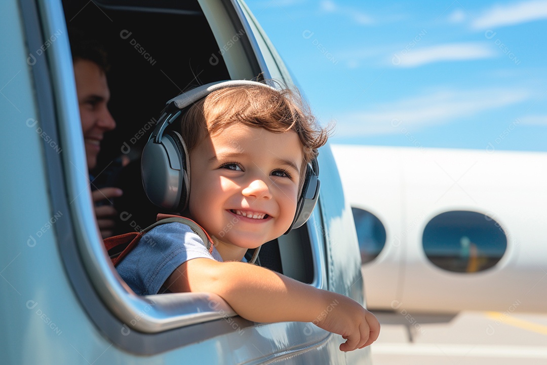 Linda criança voando em viagem em família