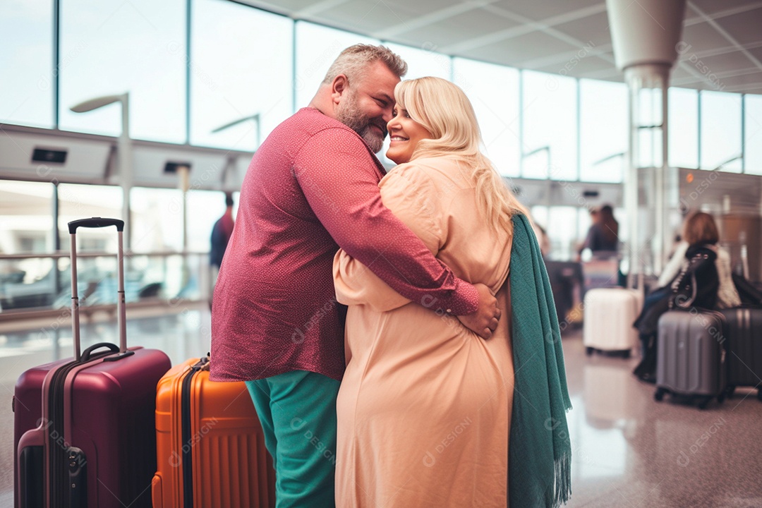 Casal feliz e abraçados em aeroporto