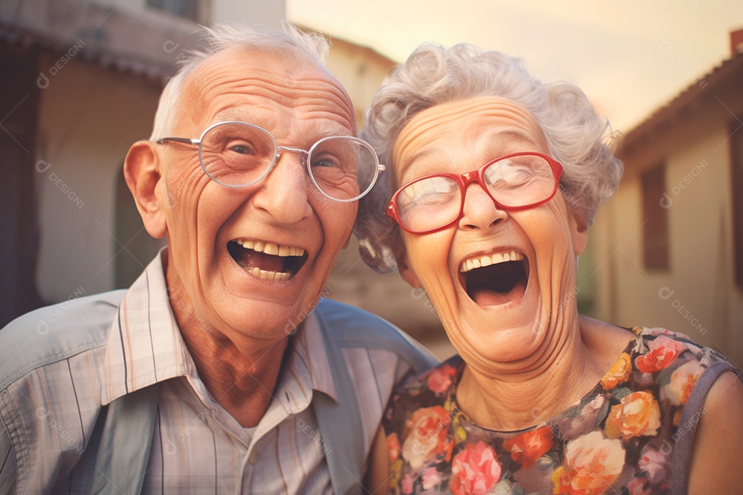 Casal de idosos felizes e abraçados