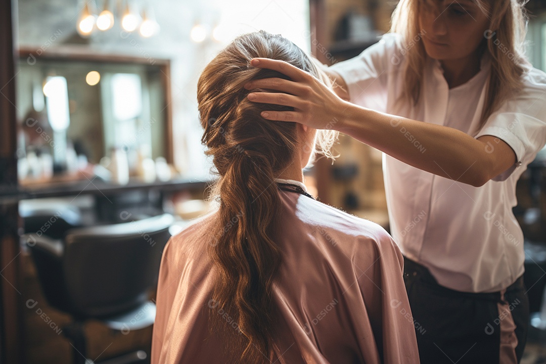 Cabelereira profissional fazendo penteado em sua cliente