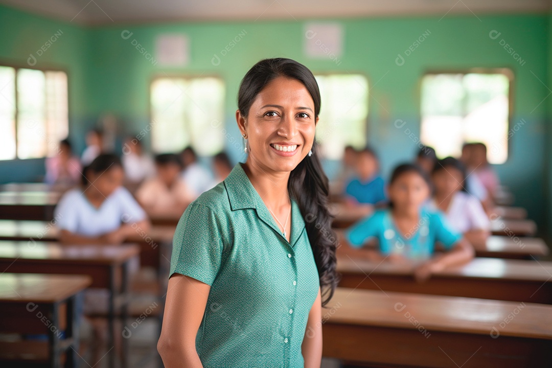Professora feliz empoderada com cena de sala de aula suavemente desfocada