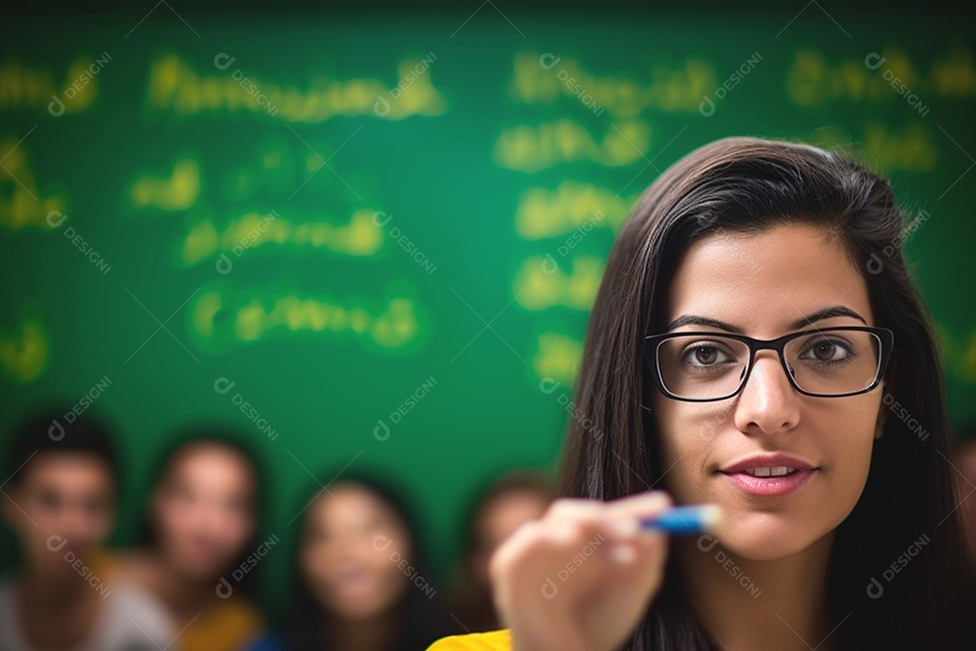 Educadora sorridente com alunos em fundo desfocado