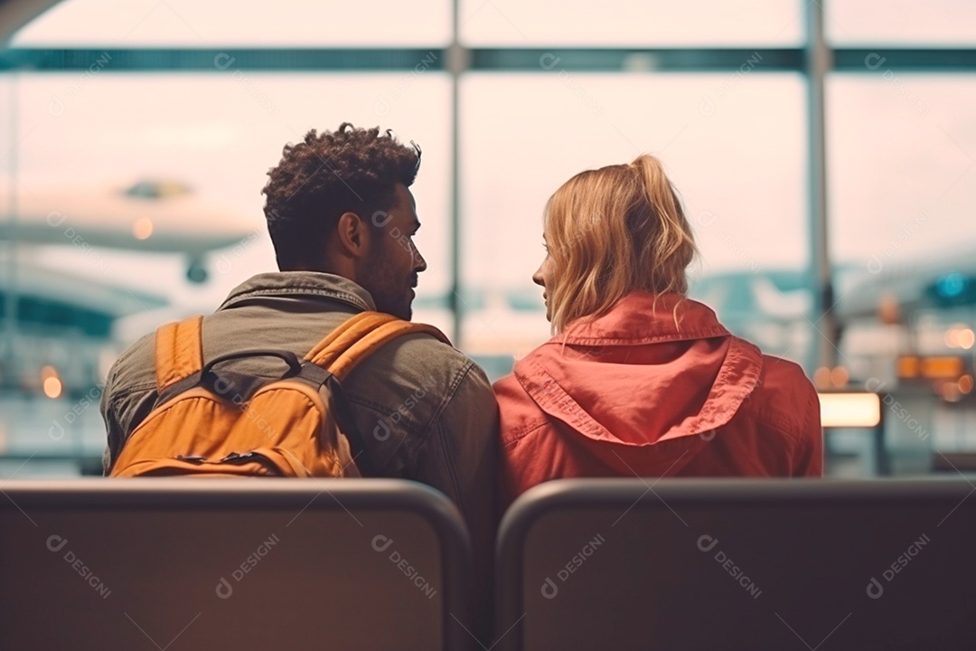 À espera do voo um casal apaixonado troca olhares no aeroporto