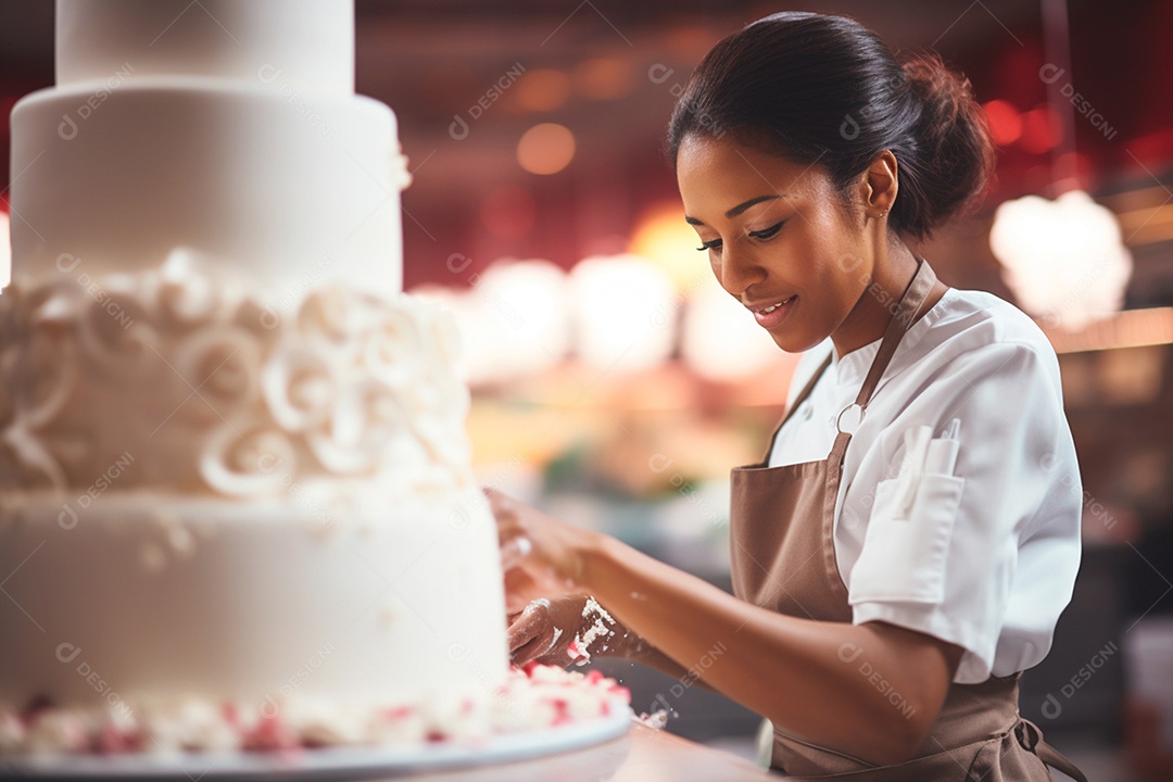 Com delicadeza a confeiteira transforma um simples bolo em uma obra de arte