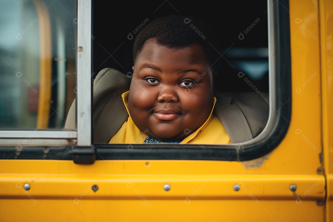 Um garoto feliz no transporte escolar