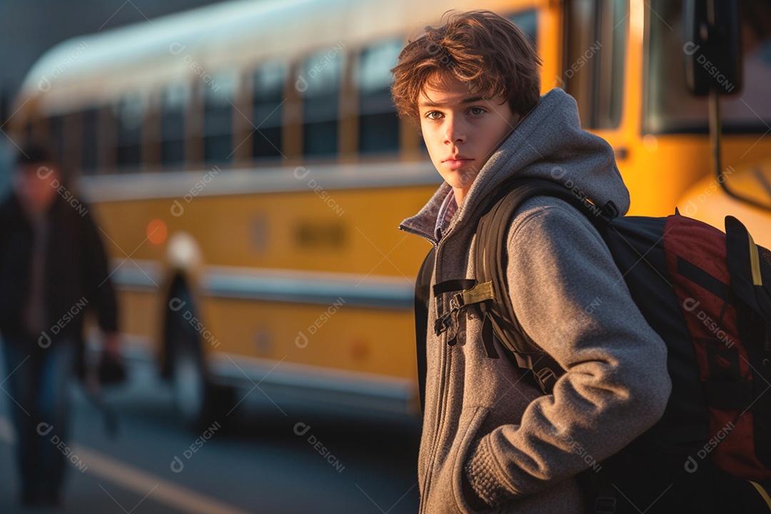 Um garoto a caminho do transporte escolar