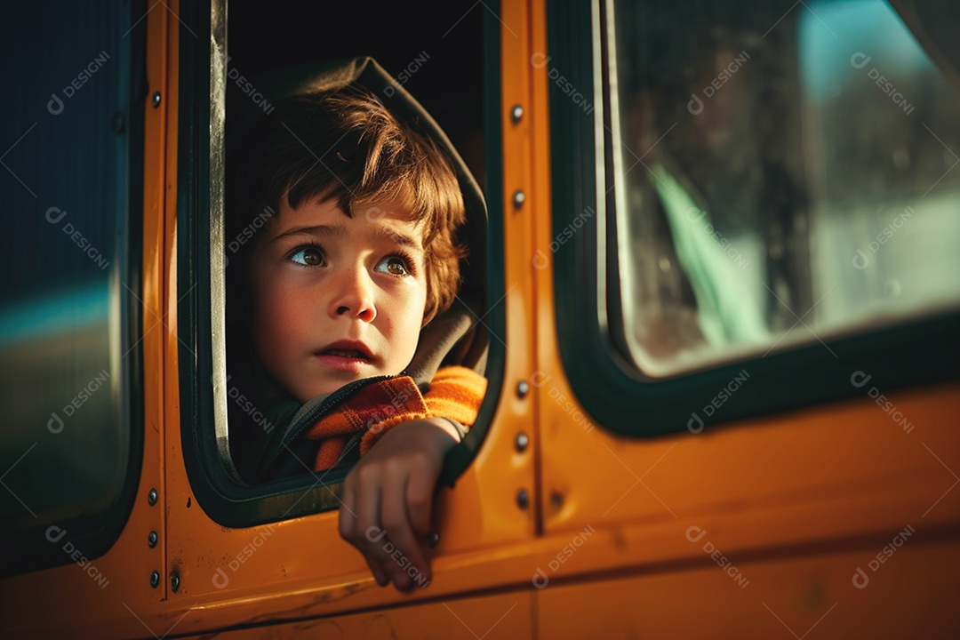Um garotinho fofo na janela de um ônibus