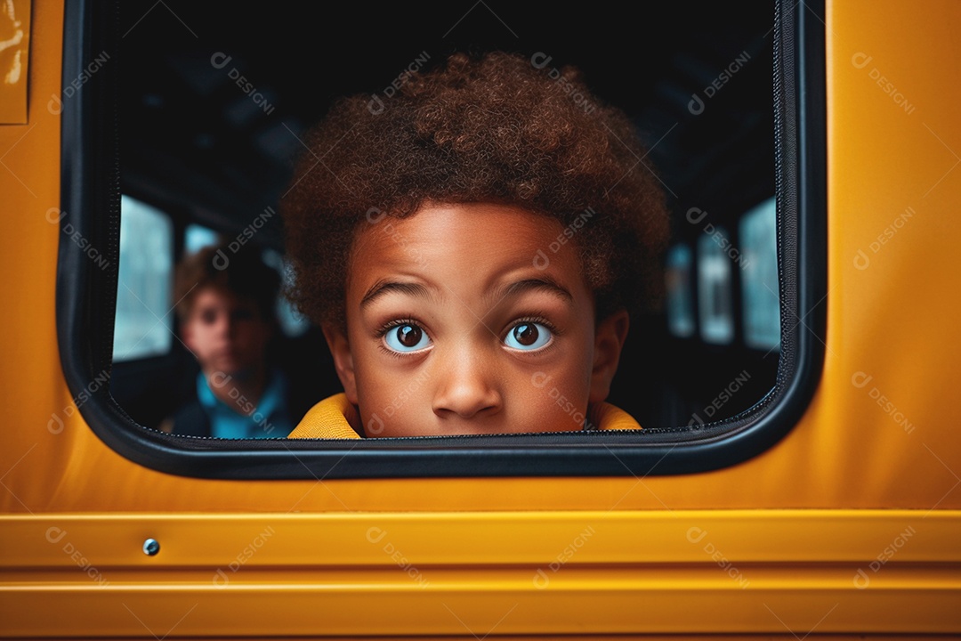 Um garoto ollhando por janela de um onibus