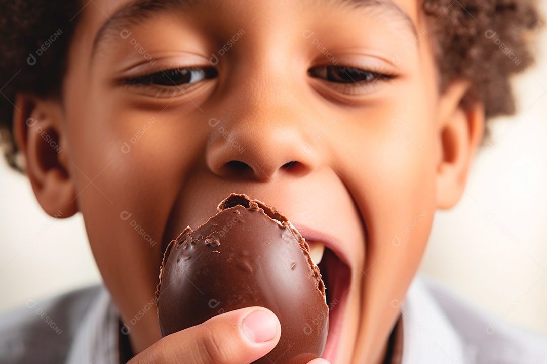 Um menino comendo ovo de chocolate