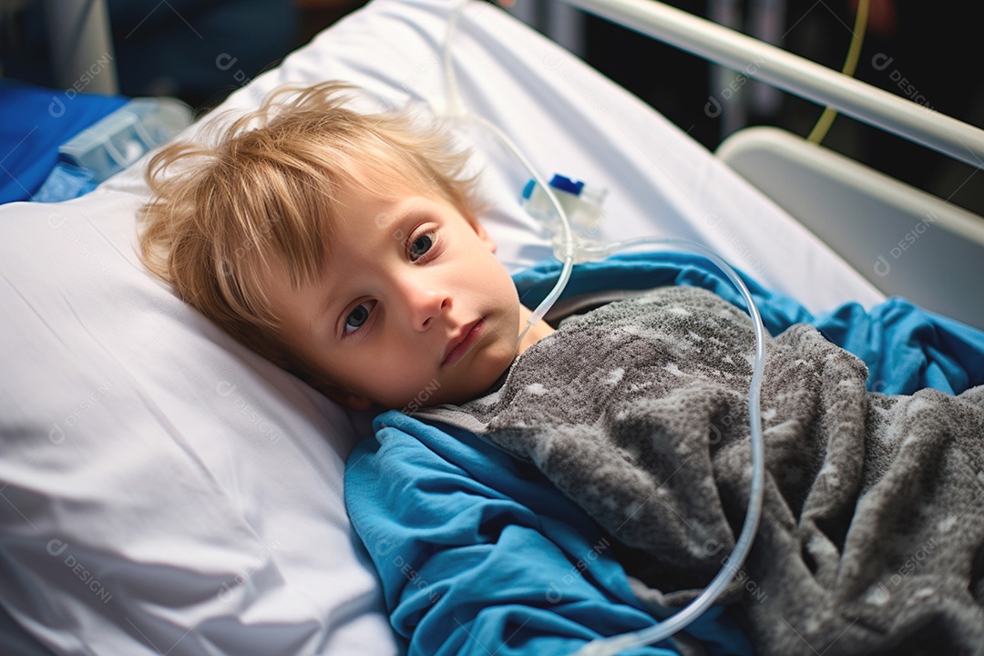 Criança doente reclinada na maca do hospital