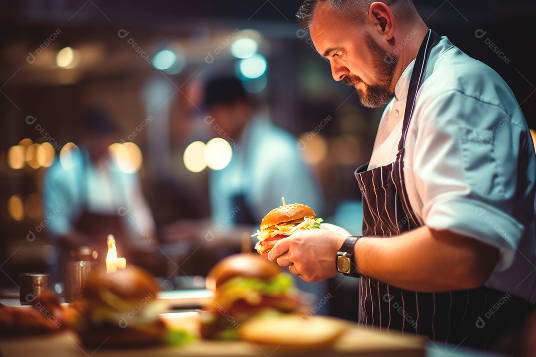 Um chef de hambúrguer profissional segurando o pedido