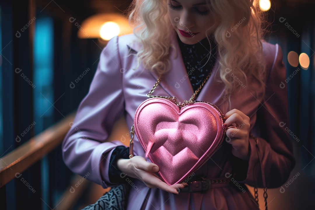 Mulher loira segurando bolsa rosa fashion