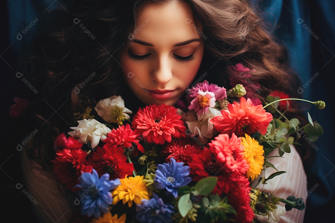 Linda mulher com buquê de flores