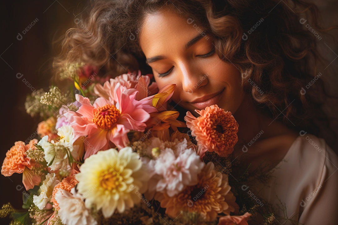 Uma lind amorena com buquê de flores vegetal