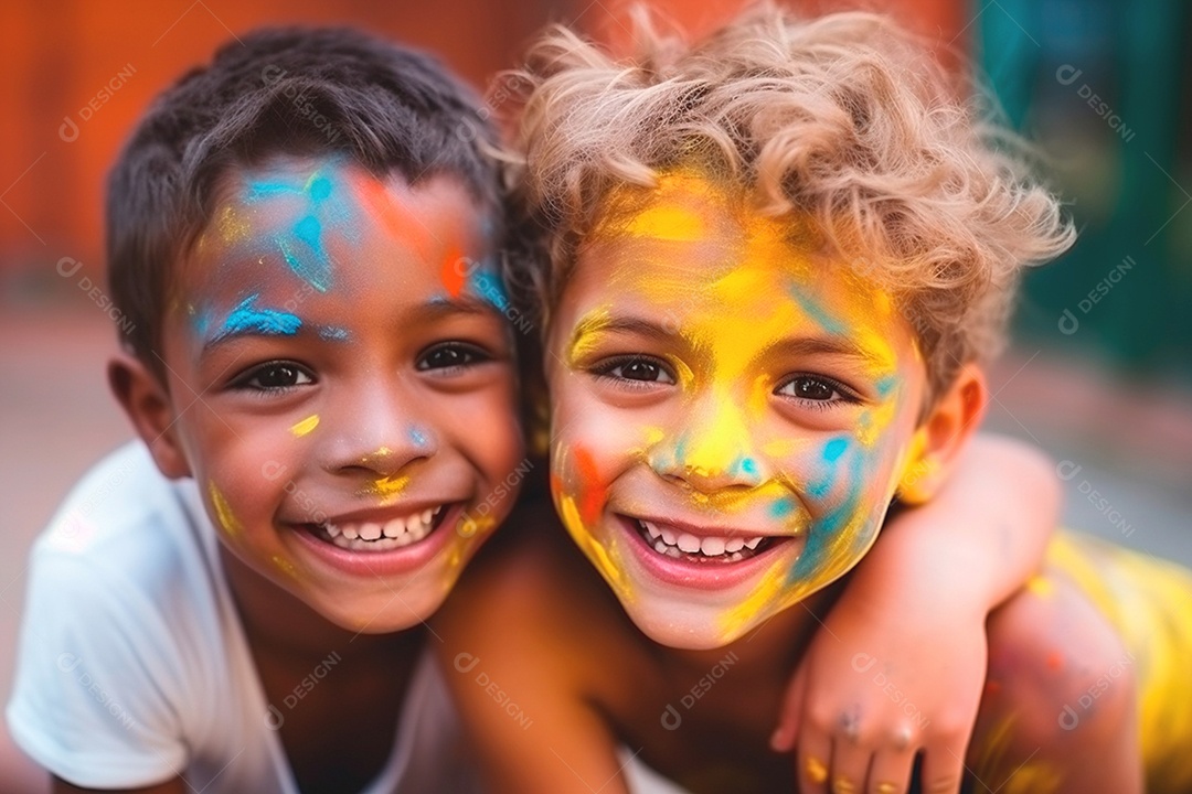 Dois garotinhos felizes brincando com tintas coloridas