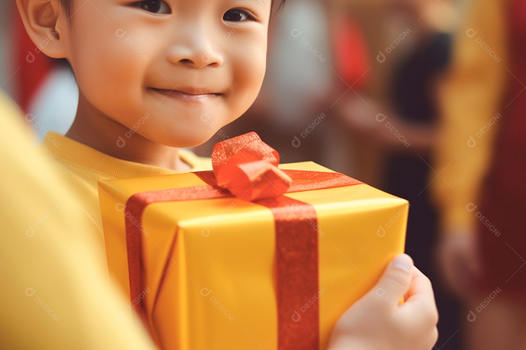 Menino fofo com presente bem feliz