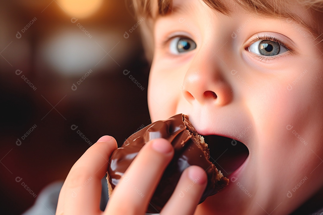 Lindo menino de olhos claros comendo bolo trufa de chocolate