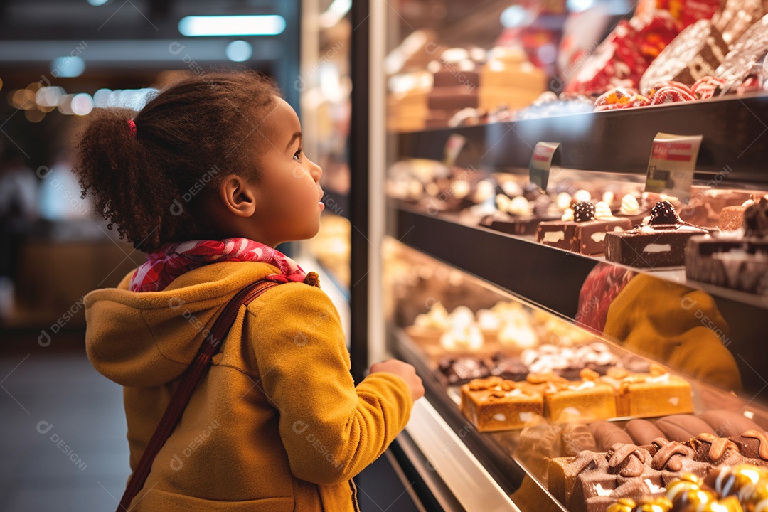 Uma garotinha fofa olhando doces na vitrine de uma padaria