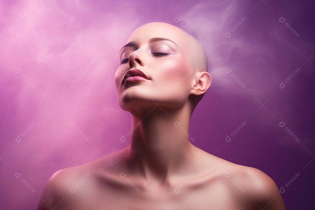 Uma mulher usa uma fita lilás simbolizando a conscientização sobre o câncer