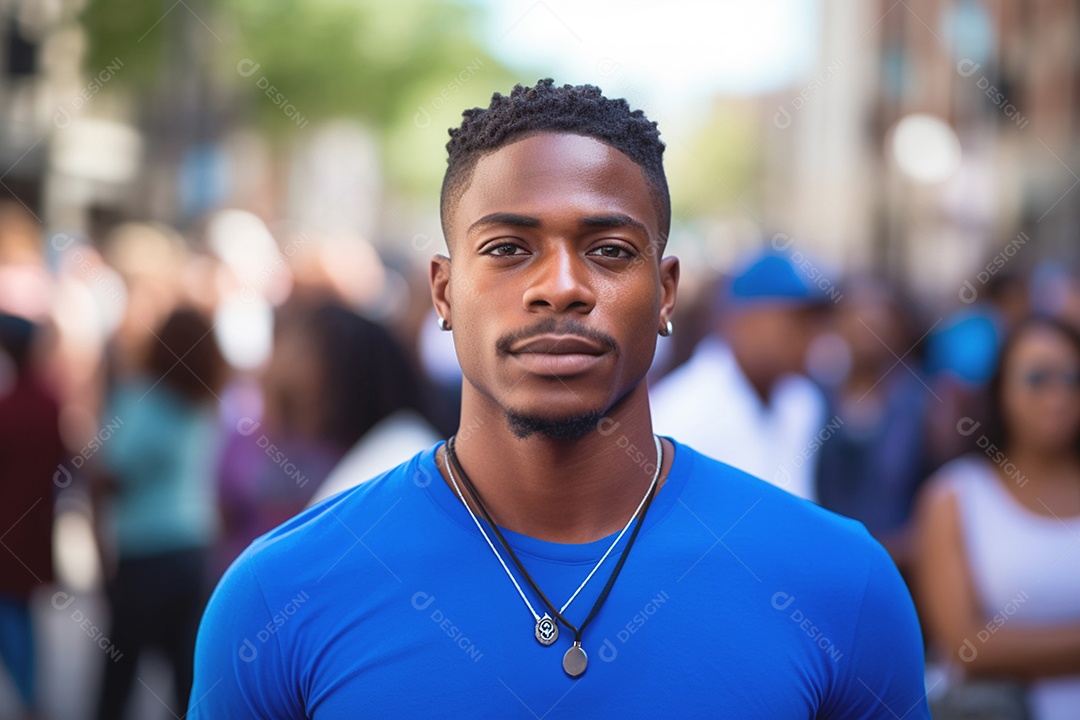 Homem afro-brasileiro vestido com roupas azuis