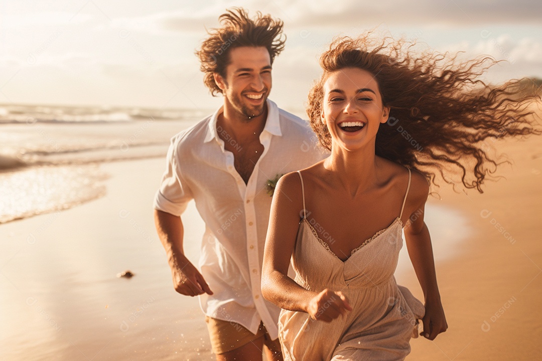 Casal feliz correndo em uma praia