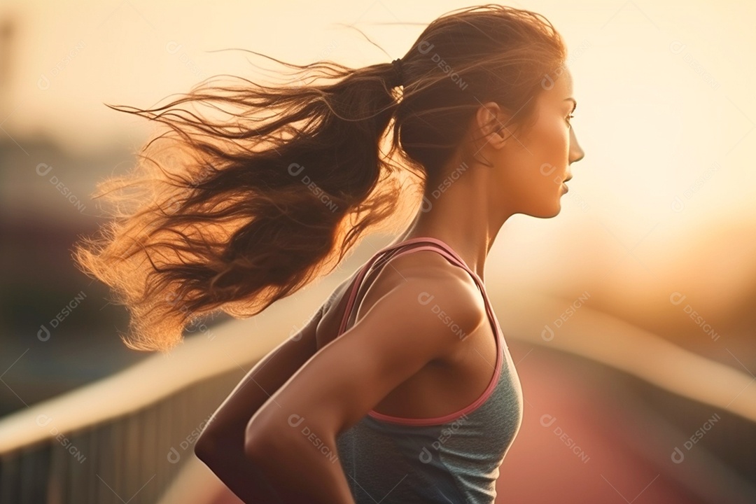 Uma mulher atlética correndo na pista com movimentos fluidos