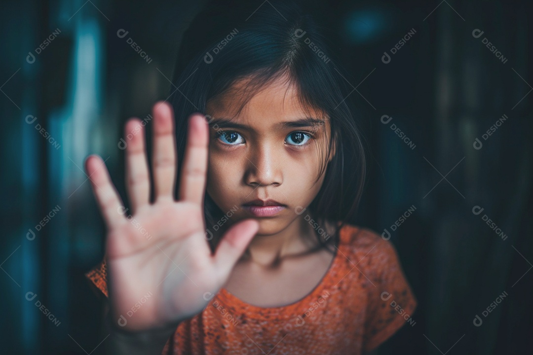 Menina sinalizando parada combatendo a exploração infantil