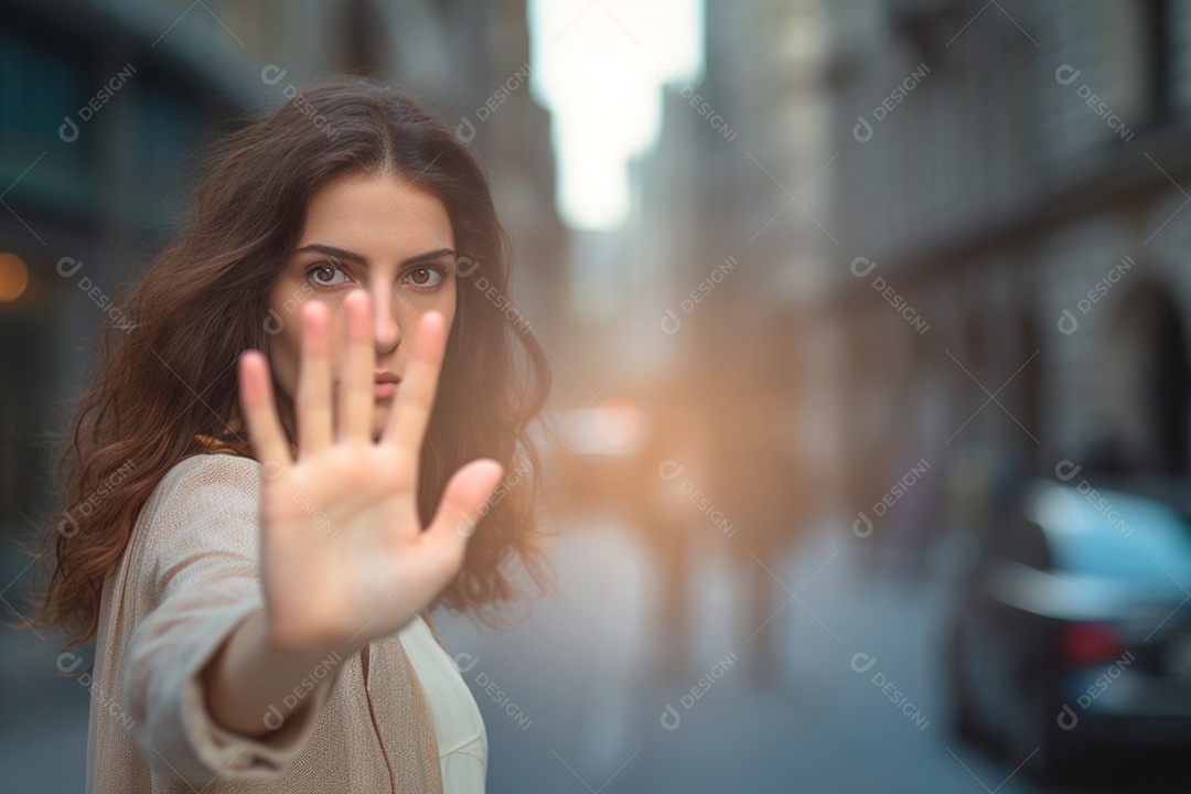 Uma mulher levanta a mão para combater o assédio e se proteger