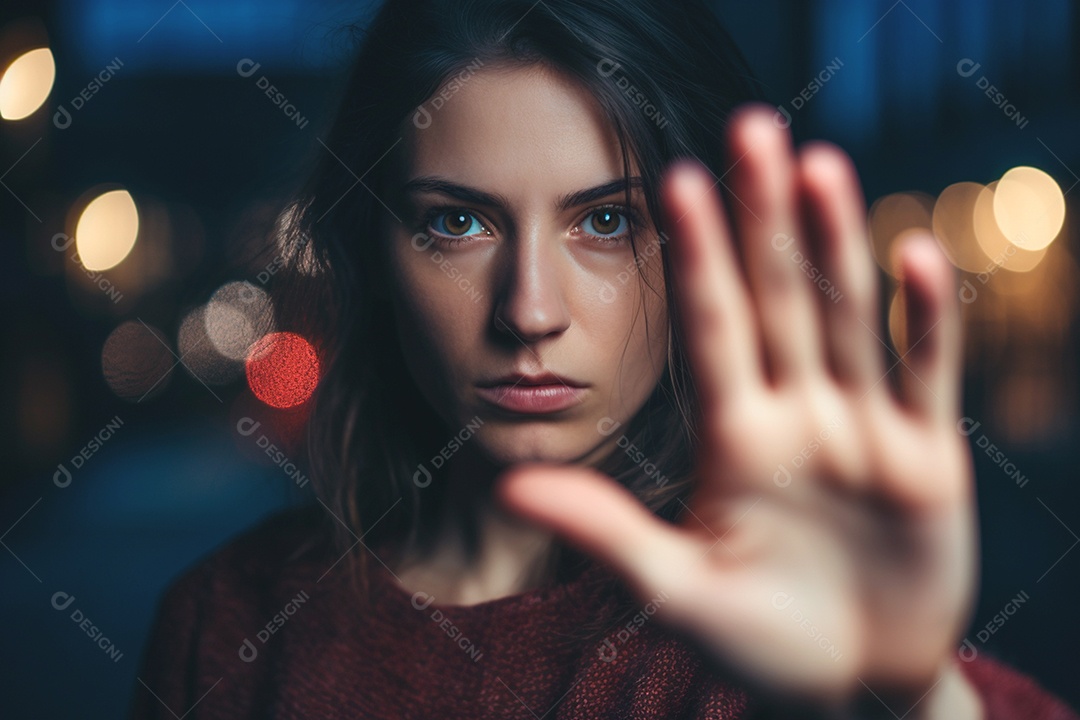 Uma mulher levanta a mão para combater o assédio e se proteger