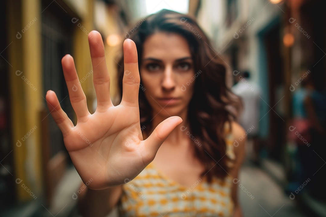 Uma mulher levanta a mão para combater o assédio e se proteger