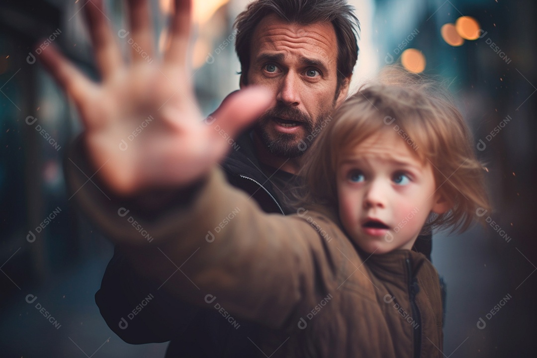 Garoto hesitante fugindo da raiva do pai