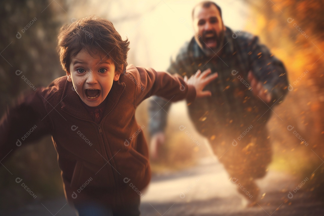 Criança angustiada fugindo da raiva do pai