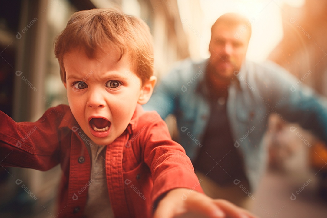 Criança angustiada fugindo da raiva do pai