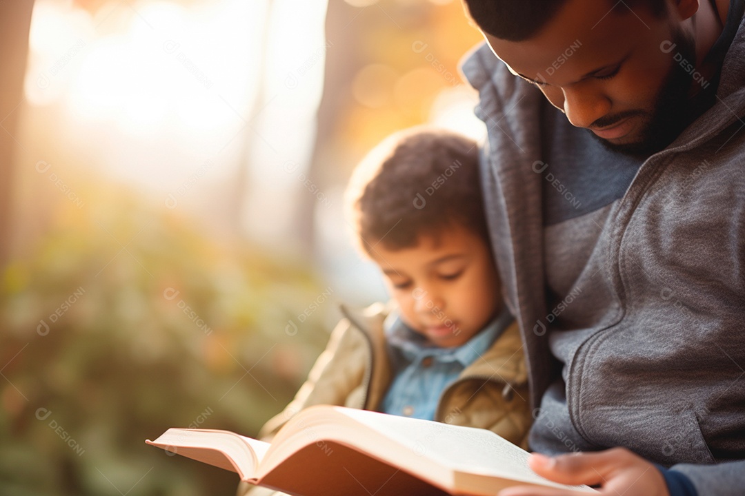 Um pai lendo livro para seu pequeno filho