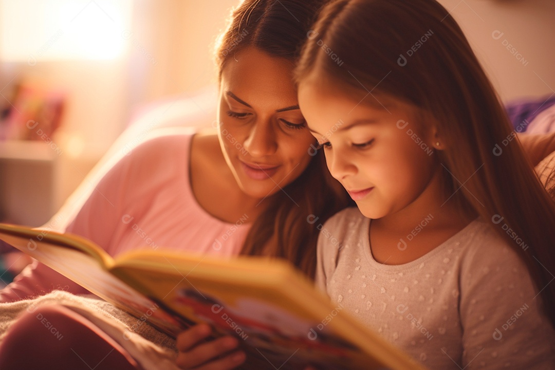 Mãe e sua filha lendo livro momento de afeto materno