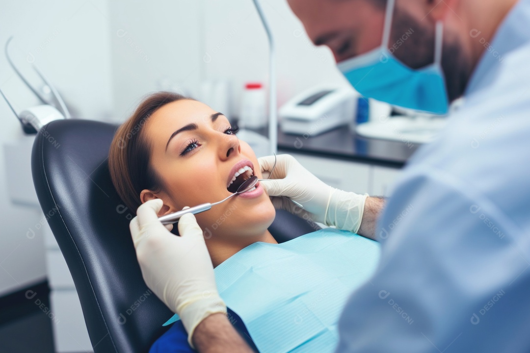 Mulher bonita jovem sorrindo feliz com dentes bem cuidados na sala odontológica