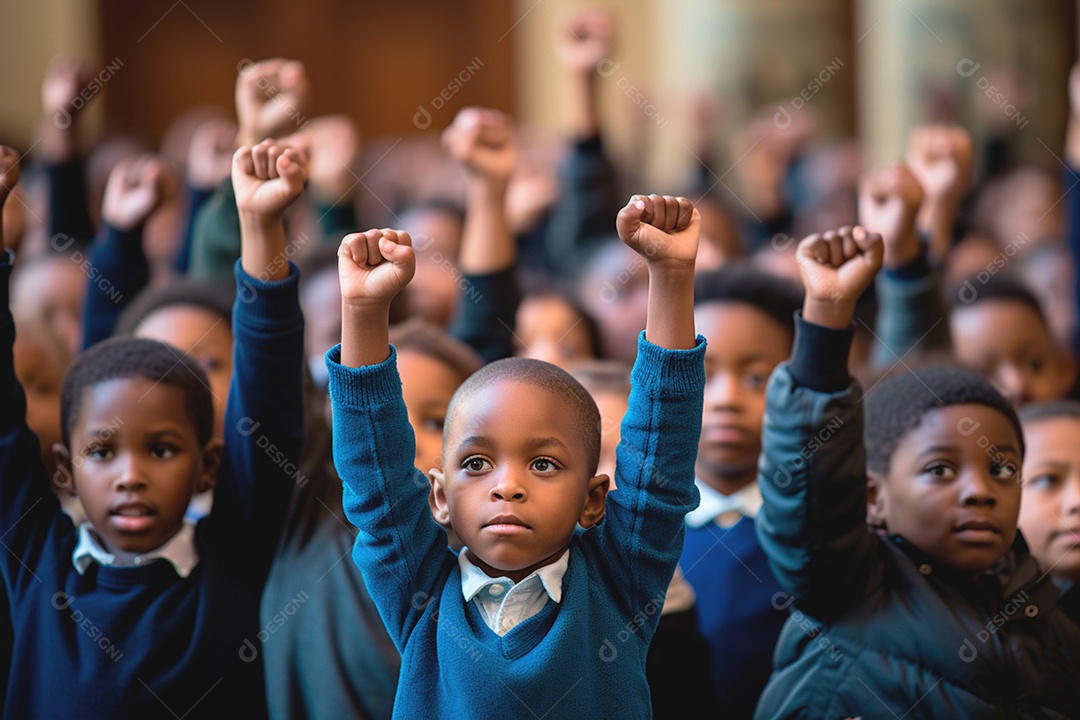 Crianças negras com os punhos erguidos em protesto contra o racismo