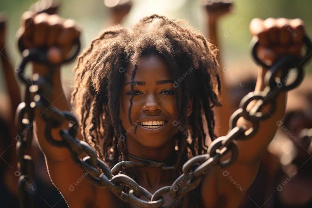 Mulheres negras afrodescendentes com correntes símbolo de justiça