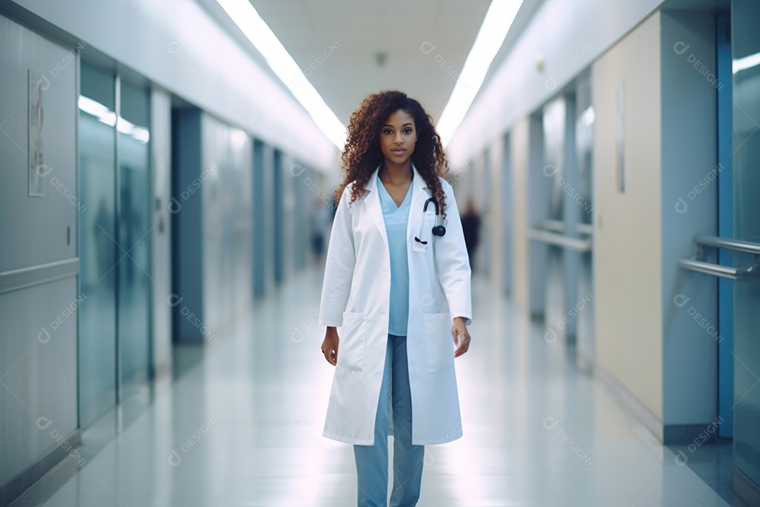 Uma enfermeira caminha pelo corredor irradiando competência e compaixão