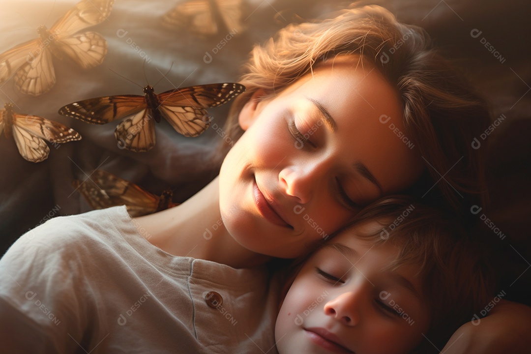 Mãe abraçando sua filha com carinho e ternura deitadinhas