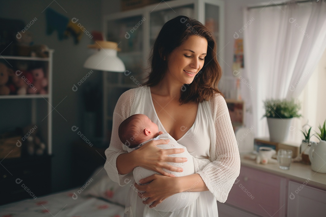 Mãe segurando seu bebê recém nascido no colo dando amor