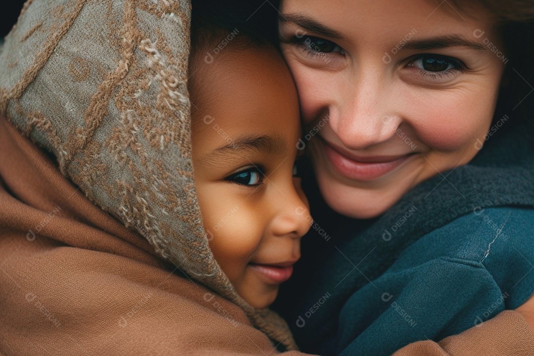 Mãe envolvendo seu filho em seus braços protetores