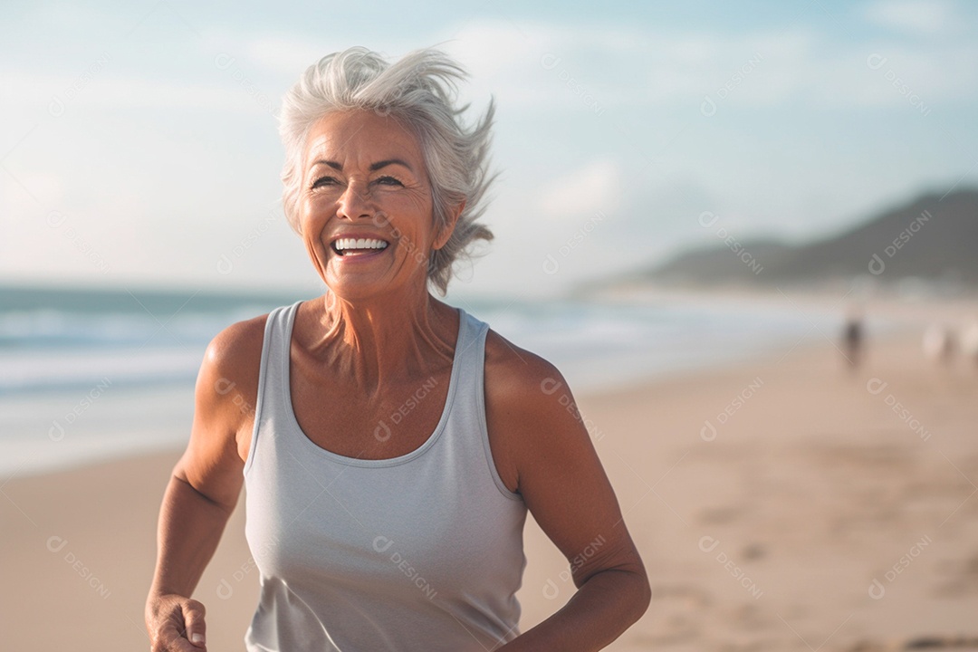 Idosa fazendo caminhada na praia