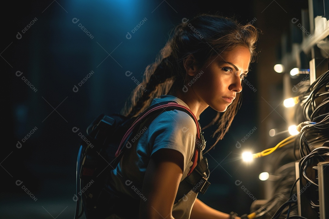 Mulher especialista em construção de instalações elétricas realizando manutenção