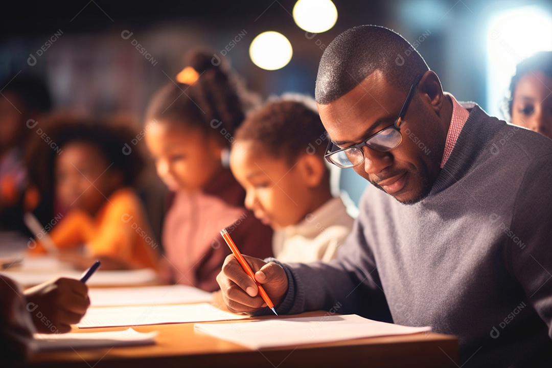 Em uma sala de aula um professor avalia os trabalhos dos alunos