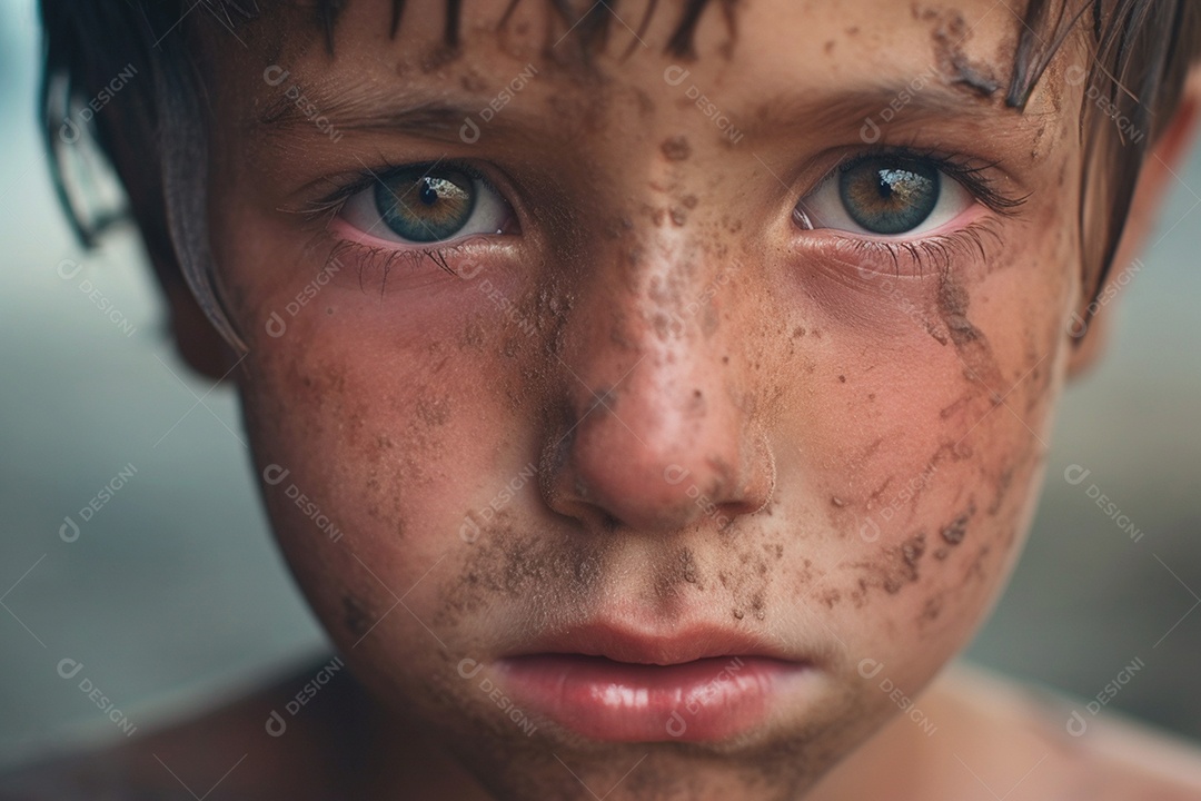 Olhos cansados ​​e famintos de uma criança de rua clamam por compaixão e ajuda