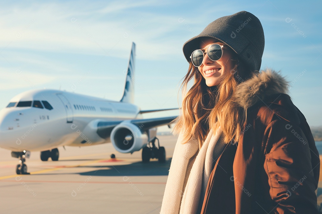 Mulher apaixonada por viagens espera para acessar seu voo