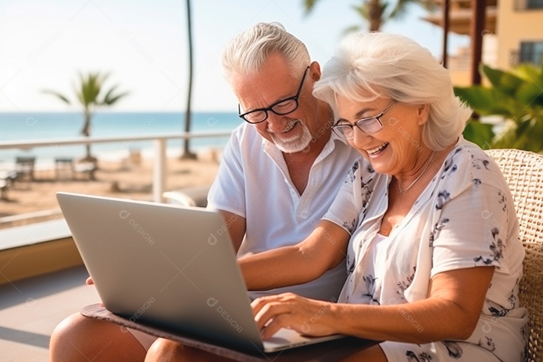 Casal lindo de idosos com notebook falando com seus filhos