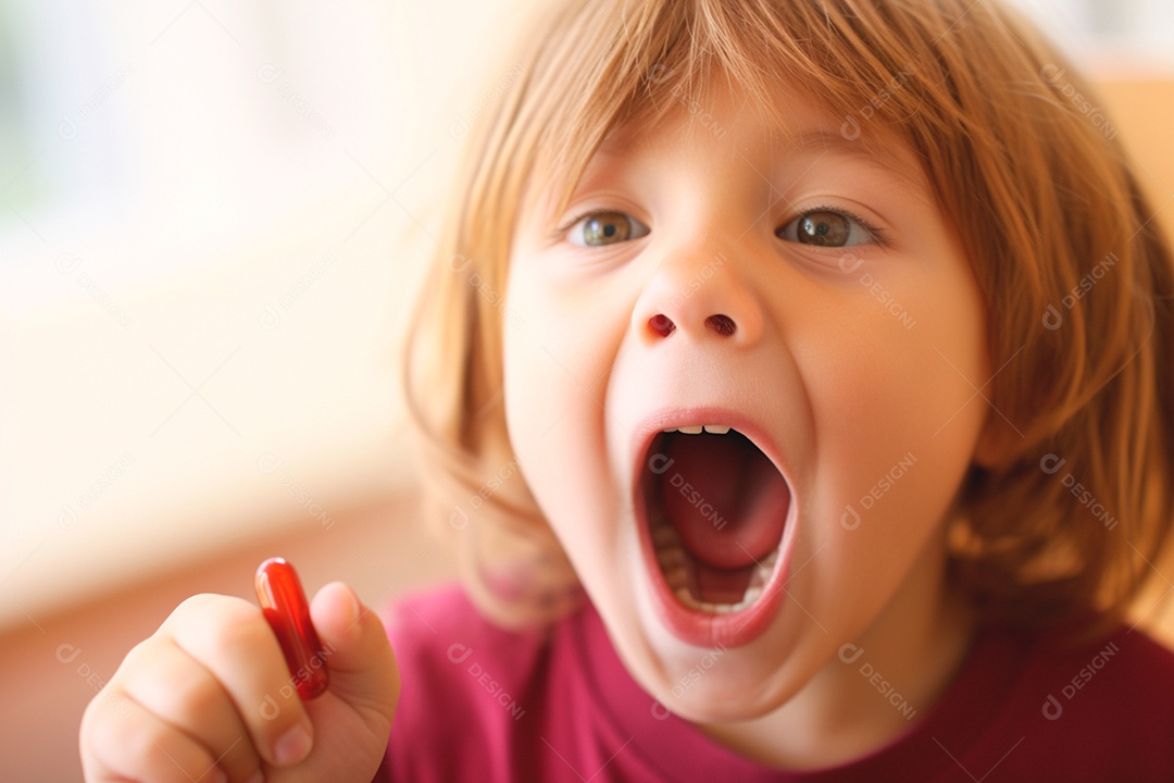 Uma garotinha com boca aberta para tomar remedio