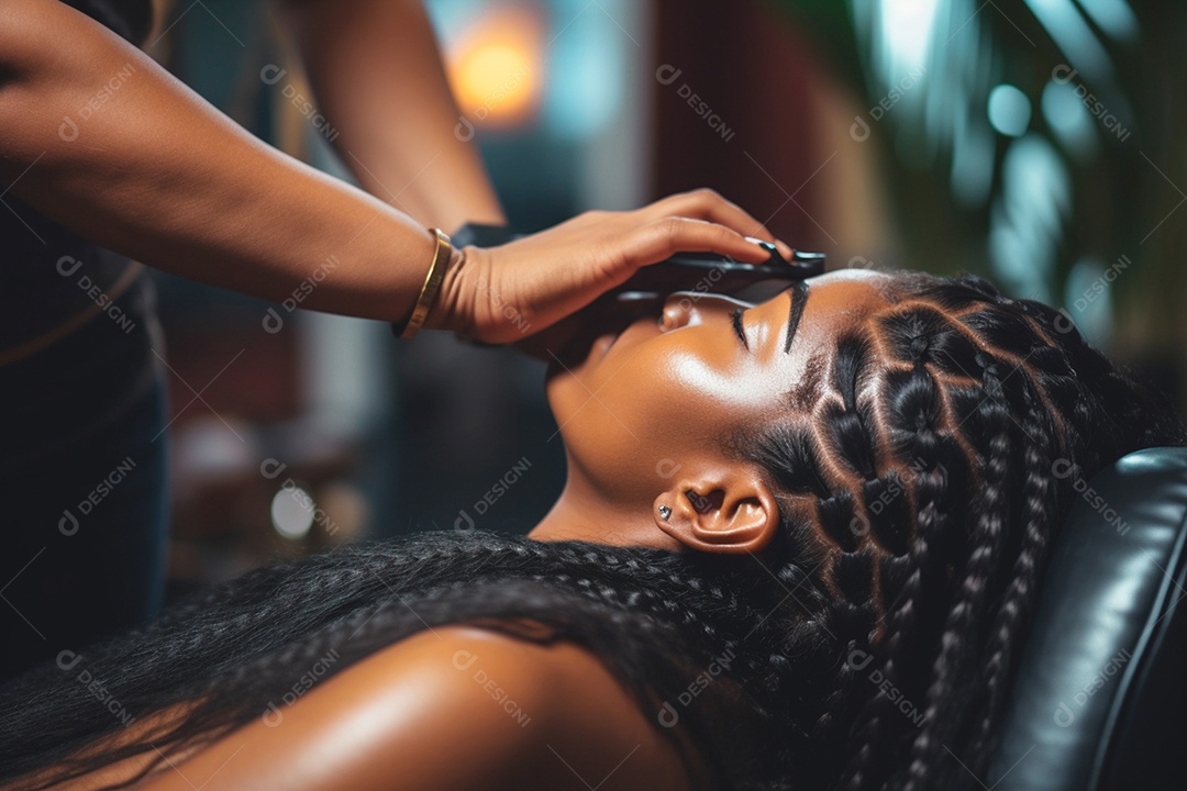 Cliente recebendo tranças afro de uma profissional em um salão